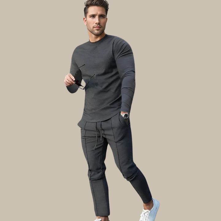 Men's Long-Sleeve Crewneck Two-Piece Jogger Outfit Set - Dark Grey