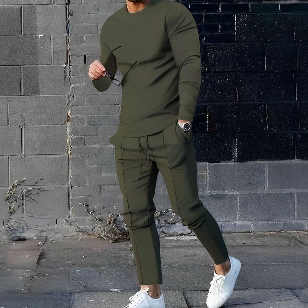 Men's Long-Sleeve Crewneck Two-Piece Jogger Outfit Set - Olive Green