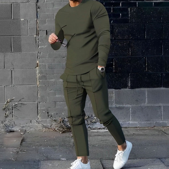 Men's Long-Sleeve Crewneck Two-Piece Jogger Outfit Set - Olive Green