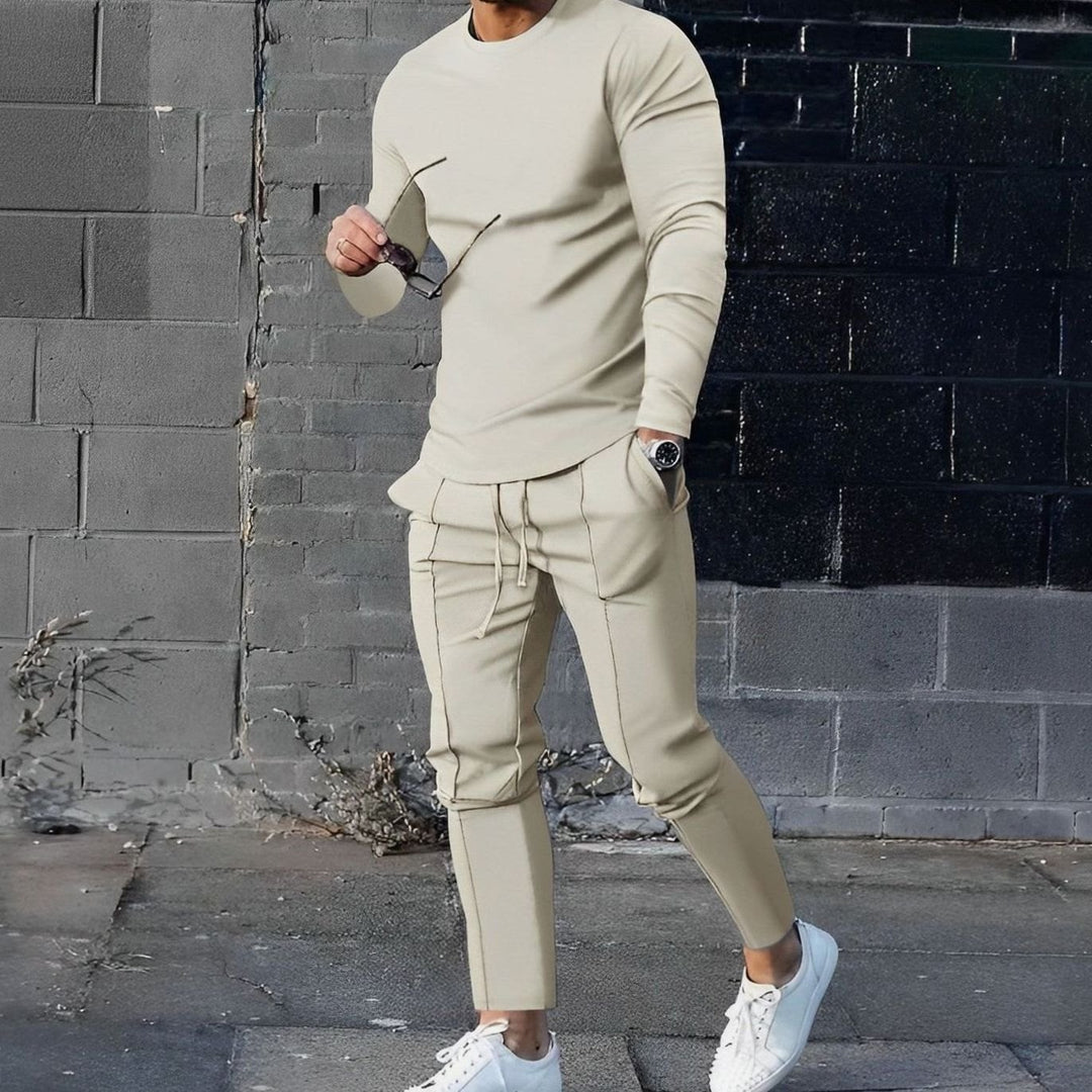 Men's Long-Sleeve Crewneck Two-Piece Jogger Outfit Set - Beige