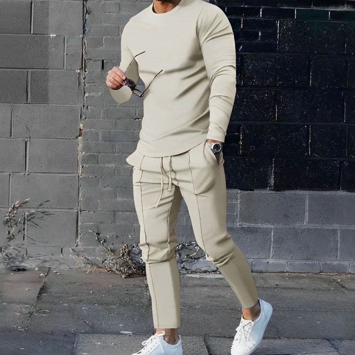 Men's Long-Sleeve Crewneck Two-Piece Jogger Outfit Set - Beige