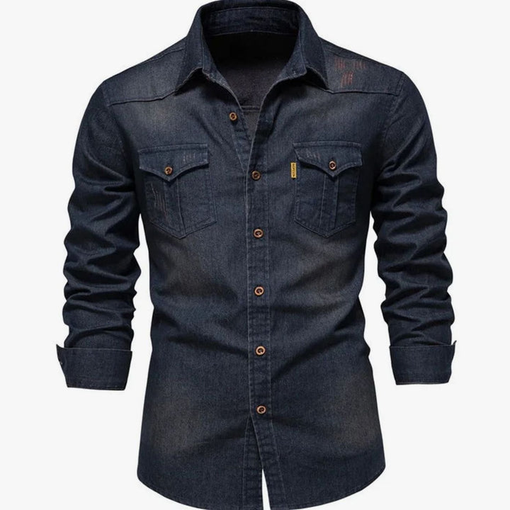 Men's Long-Sleeve Denim Button-Up Shirt Dual Chest Pockets - Navy Blue