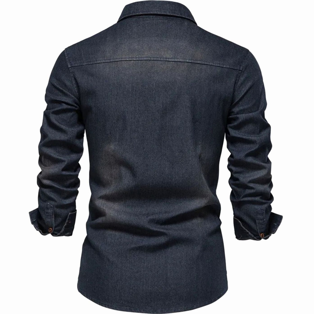 Men's Long-Sleeve Denim Button-Up Shirt Dual Chest Pockets