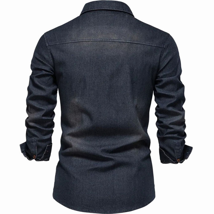 Men's Long-Sleeve Denim Button-Up Shirt Dual Chest Pockets