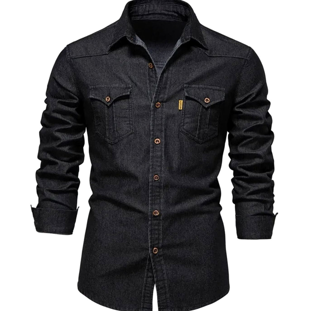 Men's Long-Sleeve Denim Button-Up Shirt Dual Chest Pockets - Black