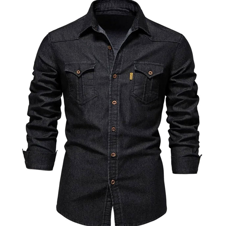 Men's Long-Sleeve Denim Button-Up Shirt Dual Chest Pockets - Black