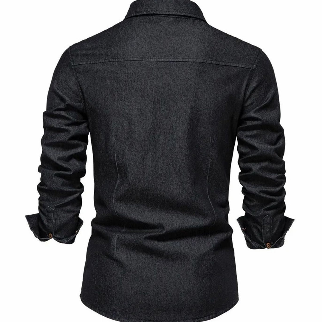 Men's Long-Sleeve Denim Button-Up Shirt Dual Chest Pockets