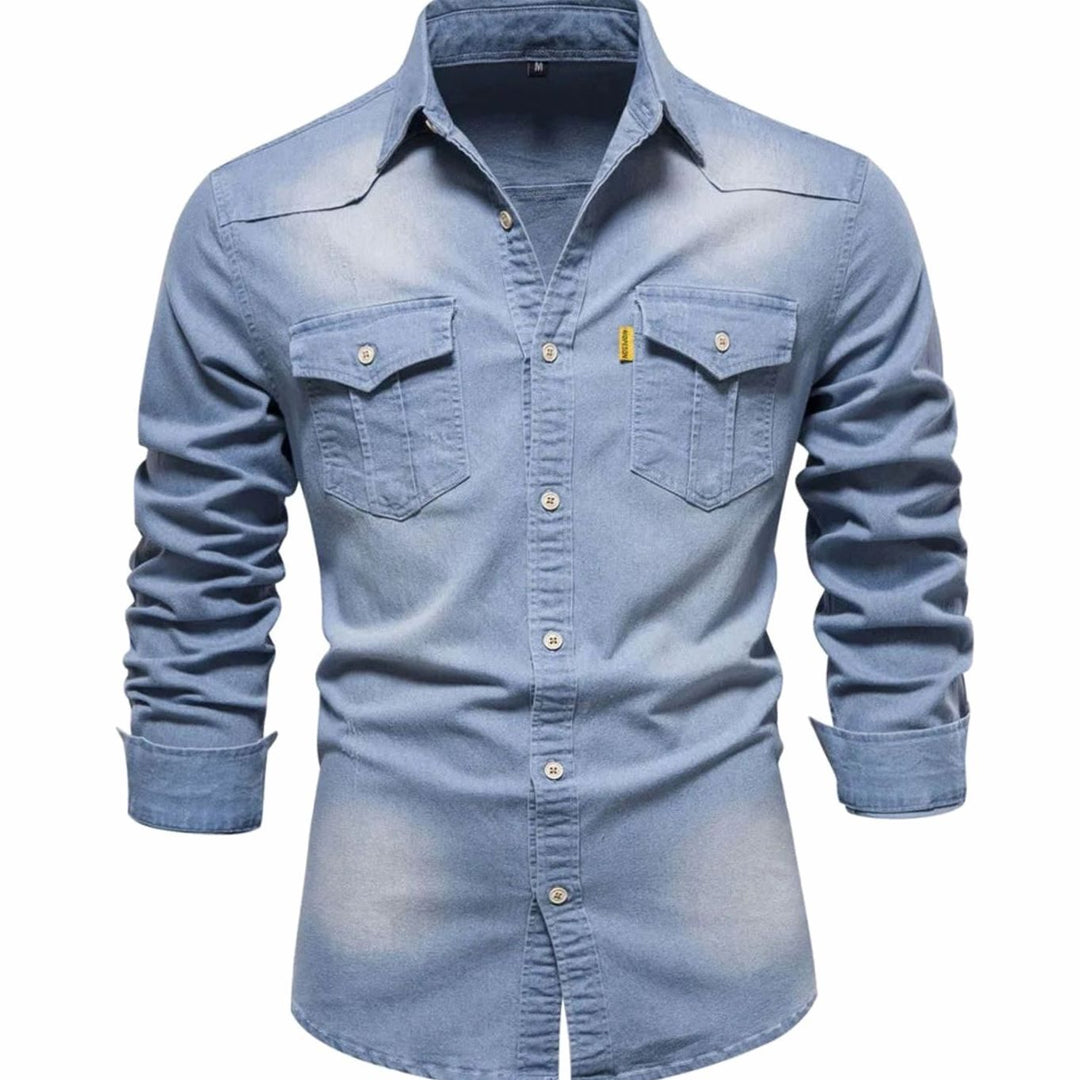 Men's Long-Sleeve Denim Button-Up Shirt Dual Chest Pockets - Light Blue