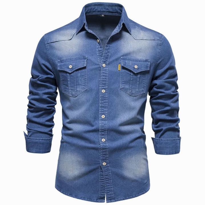 Men's Long-Sleeve Denim Button-Up Shirt Dual Chest Pockets - Blue