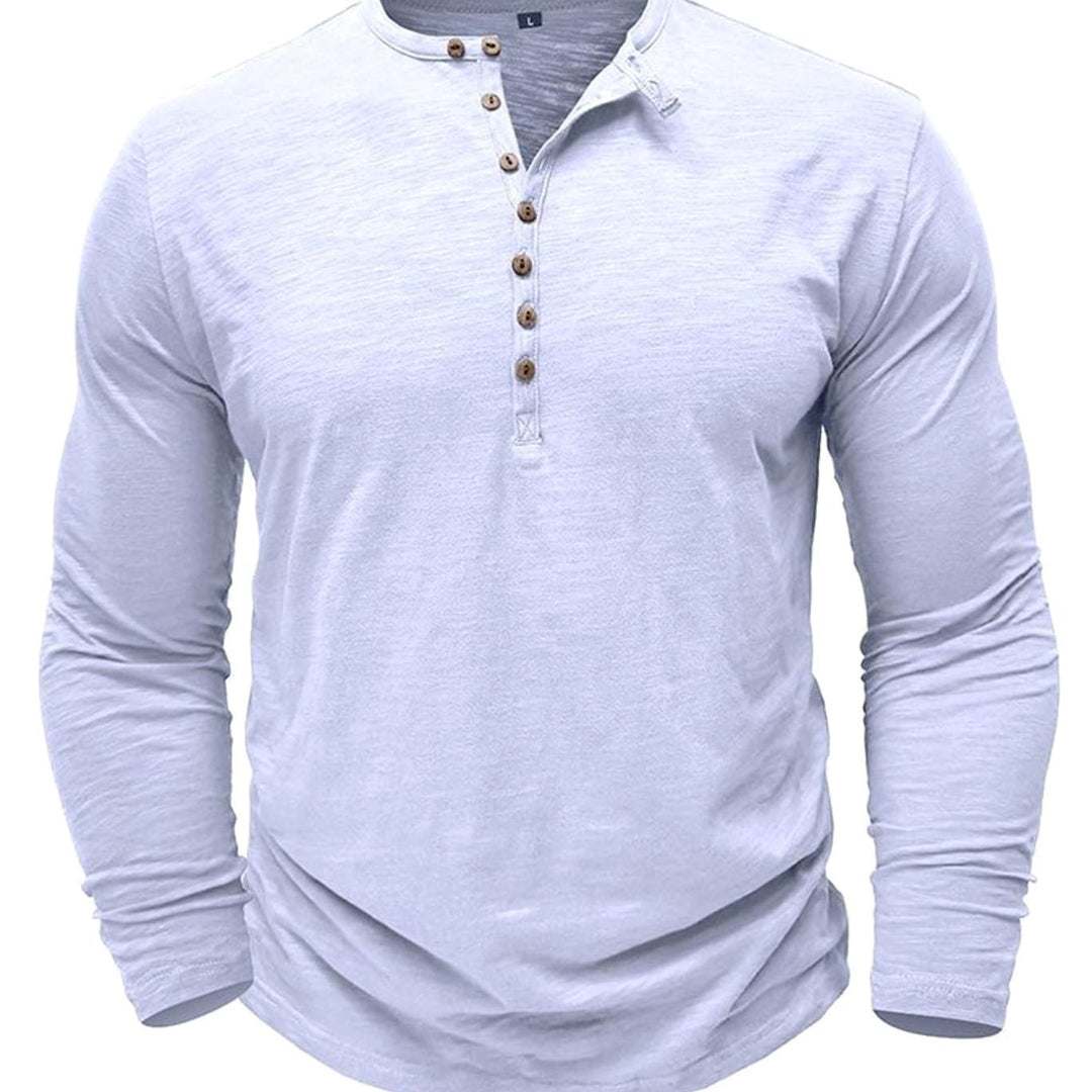 Men's Long-Sleeve Henley Shirt Casual Button-Up Cotton Tee