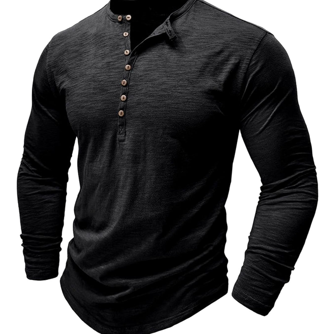 Men's Long-Sleeve Henley Shirt Casual Button-Up Cotton Tee