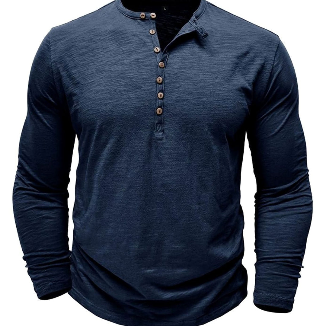 Men's Long-Sleeve Henley Shirt Casual Button-Up Cotton Tee - Navy Blue