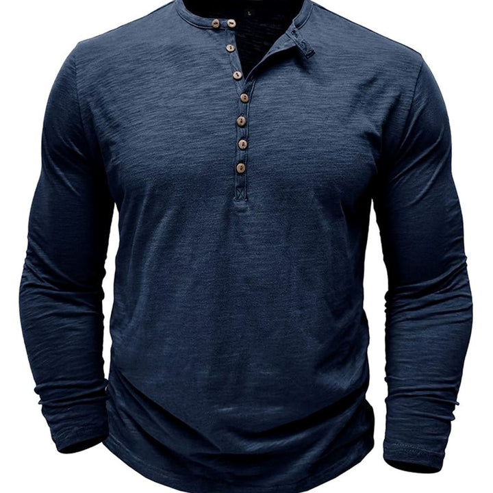 Men's Long-Sleeve Henley Shirt Casual Button-Up Cotton Tee - Navy Blue