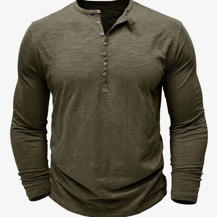 Men's Long-Sleeve Henley Shirt Casual Button-Up Cotton Tee - Army Green