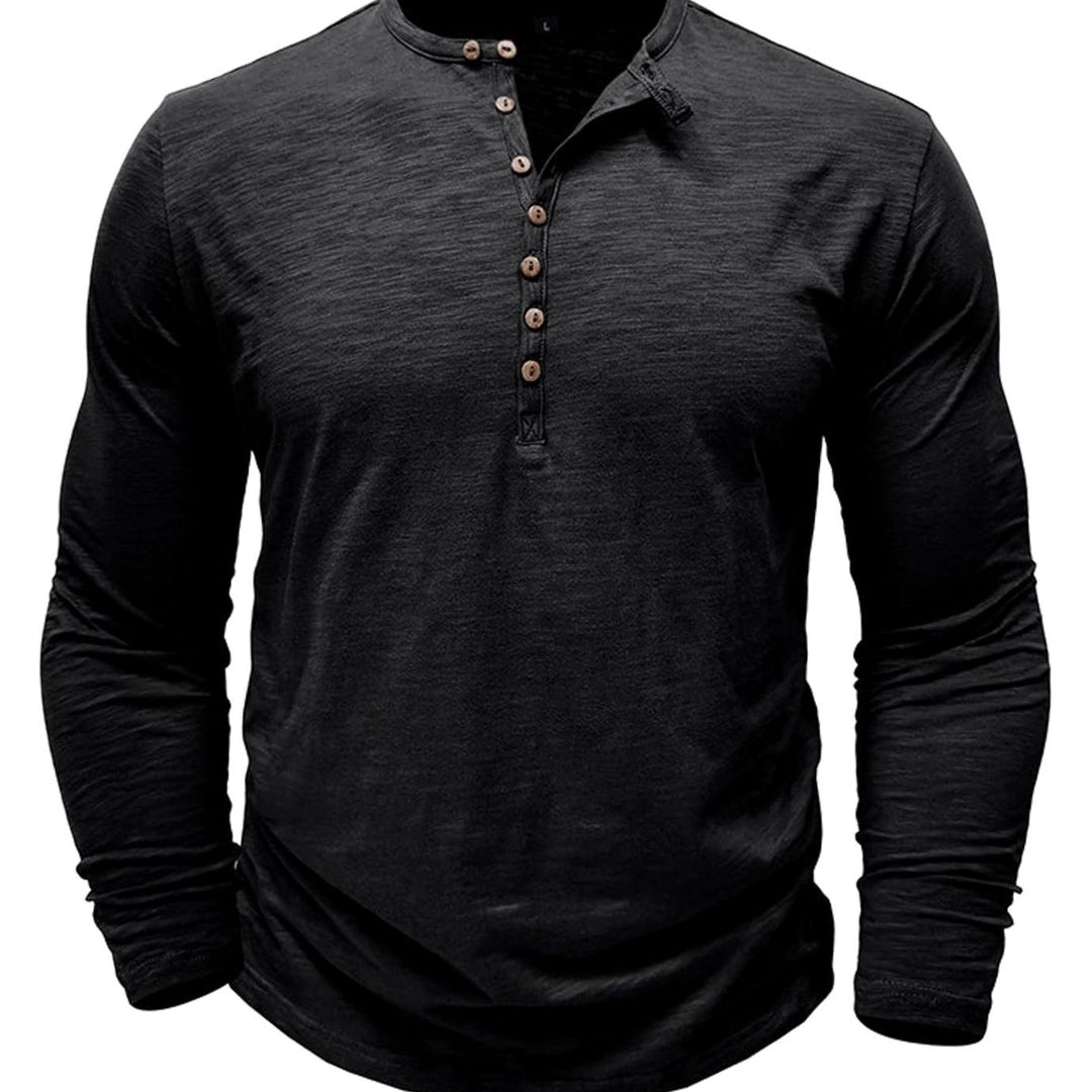 Men's Long-Sleeve Henley Shirt Casual Button-Up Cotton Tee - Black