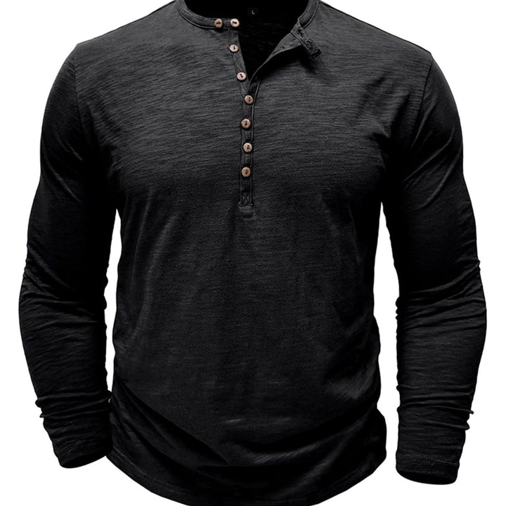 Men's Long-Sleeve Henley Shirt Casual Button-Up Cotton Tee - Black