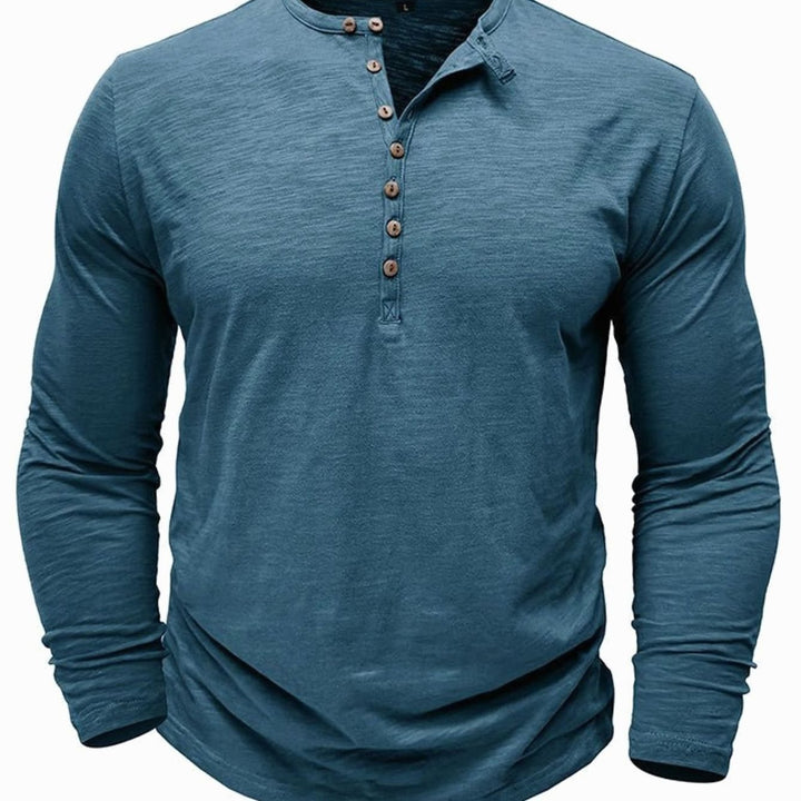 Men's Long-Sleeve Henley Shirt Casual Button-Up Cotton Tee - Denim Blue