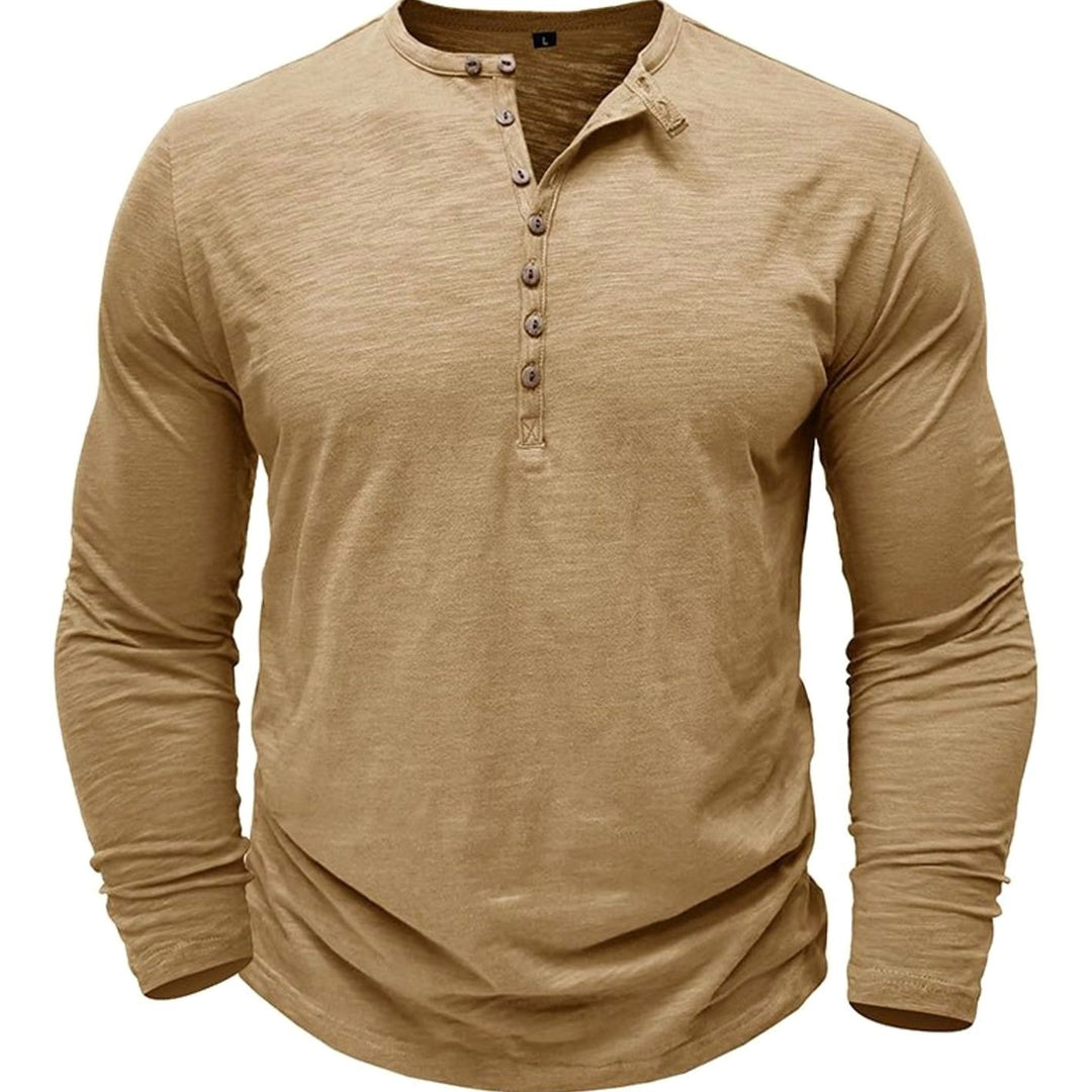 Men's Long-Sleeve Henley Shirt Casual Button-Up Cotton Tee - Khaki