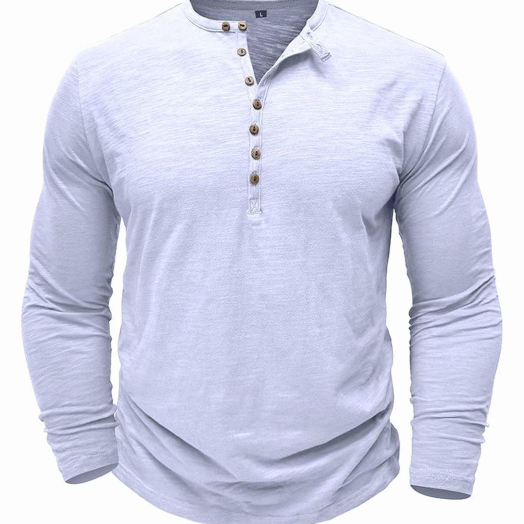 Men's Long-Sleeve Henley Shirt Casual Button-Up Cotton Tee - White