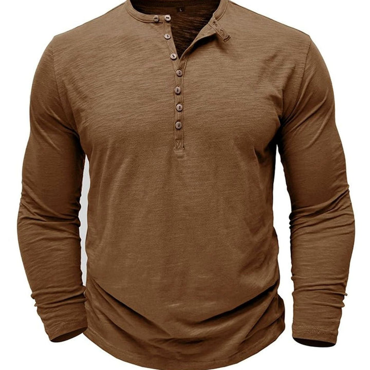 Men's Long-Sleeve Henley Shirt Casual Button-Up Cotton Tee - Brown