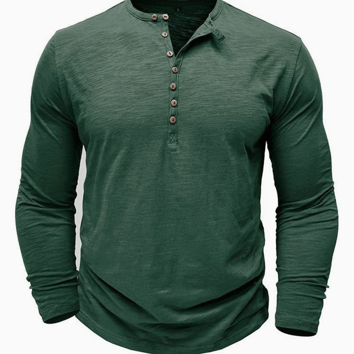 Men's Long-Sleeve Henley Shirt Casual Button-Up Cotton Tee - Dark Green