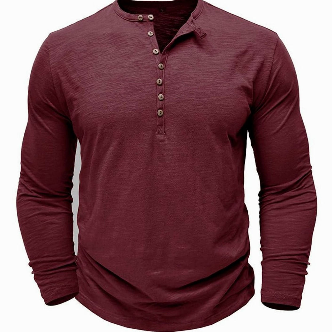 Men's Long-Sleeve Henley Shirt Casual Button-Up Cotton Tee - Red