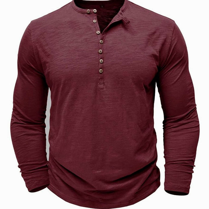 Men's Long-Sleeve Henley Shirt Casual Button-Up Cotton Tee - Red
