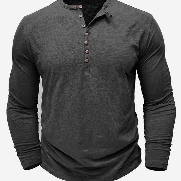 Men's Long-Sleeve Henley Shirt Casual Button-Up Cotton Tee - Grey