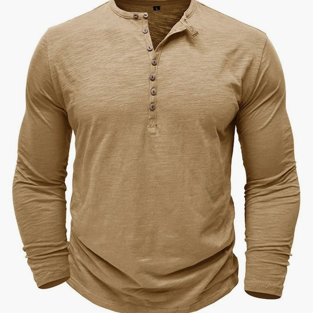 Men's Long-Sleeve Henley Shirt Casual Button-Up Cotton Tee