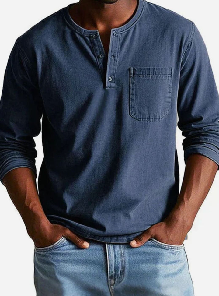 Men's Long Sleeve Henley Shirt Relaxed Fit Chest Pocket - Navy Blue