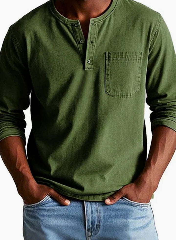 Men's Long Sleeve Henley Shirt Relaxed Fit Chest Pocket - Army Green