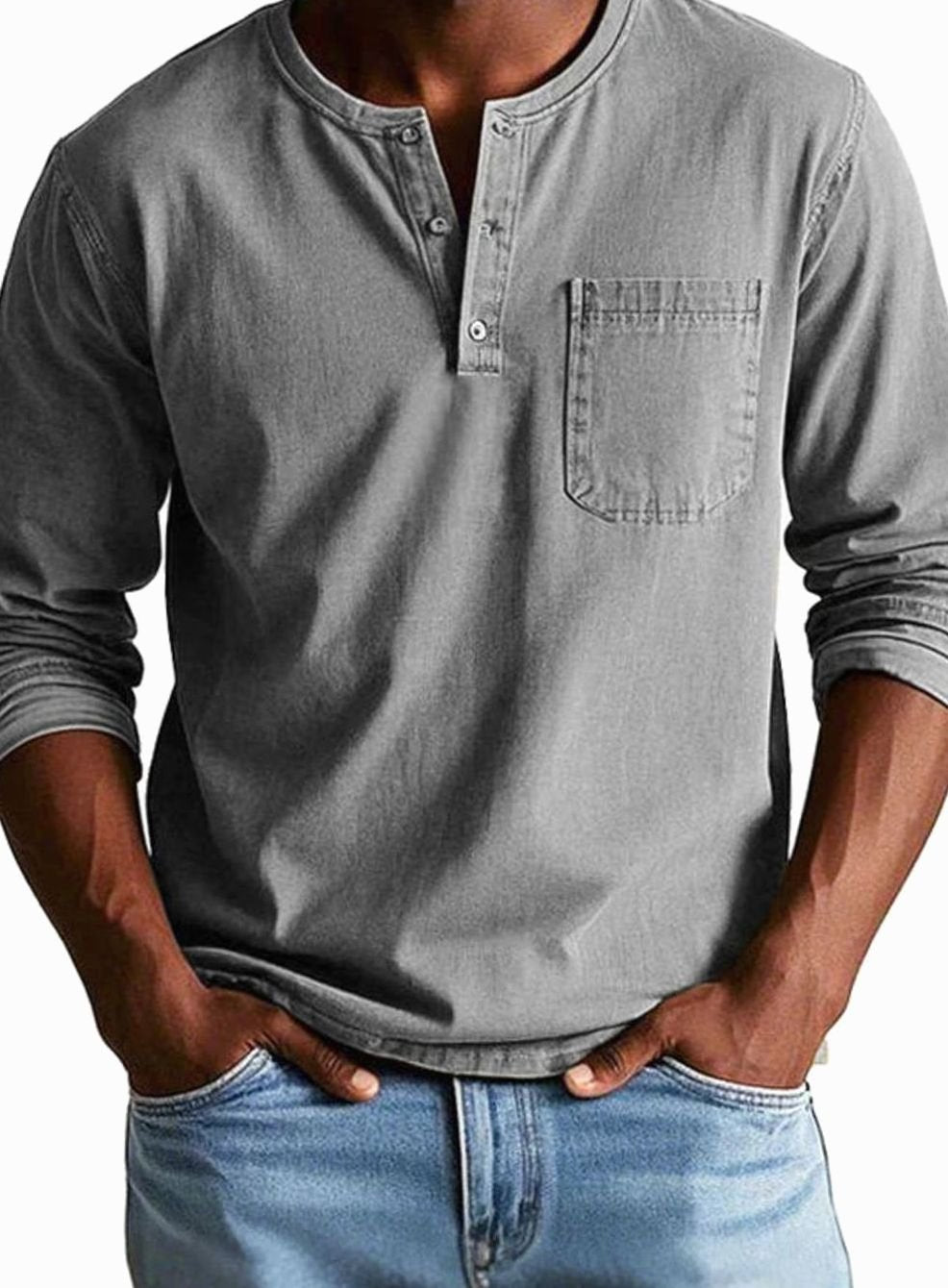 Men's Long Sleeve Henley Shirt Relaxed Fit Chest Pocket - Grey