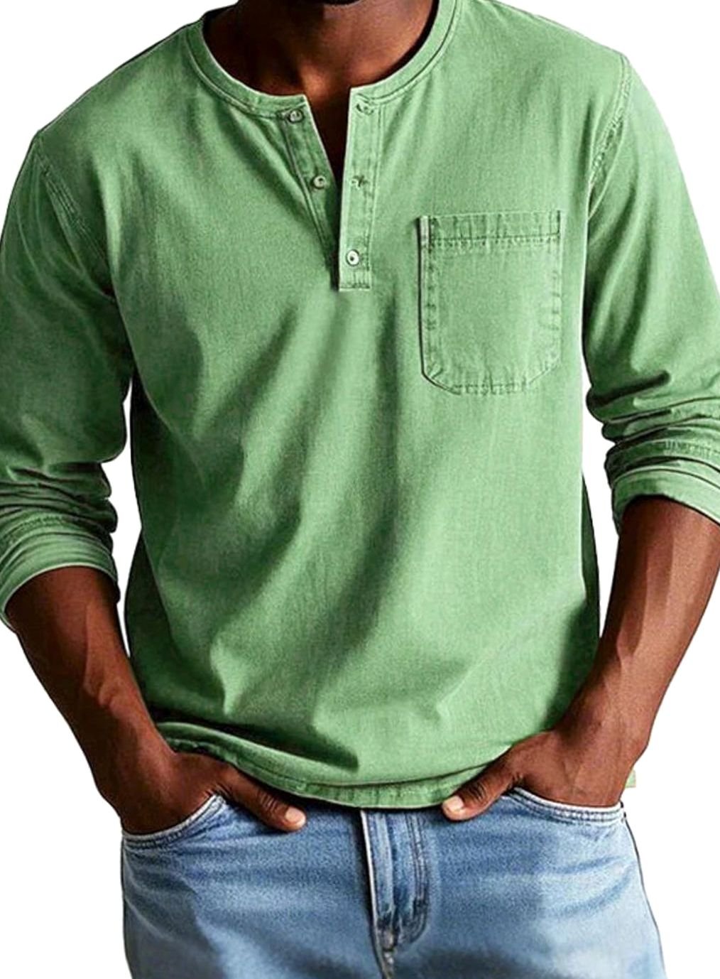 Men's Long Sleeve Henley Shirt Relaxed Fit Chest Pocket - Green