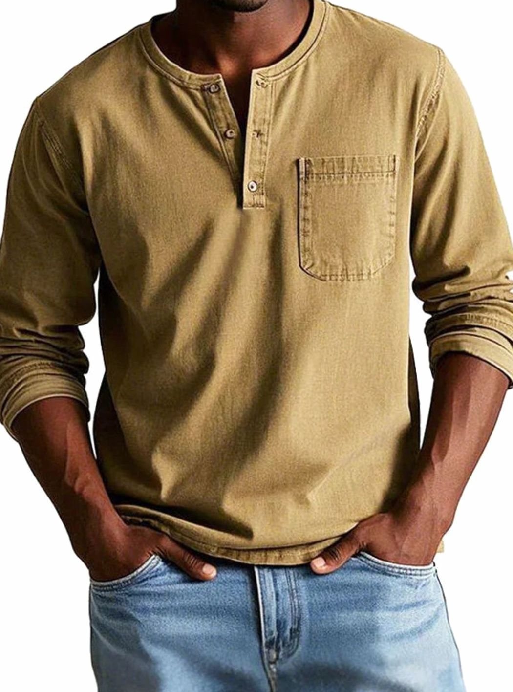 Men's Long Sleeve Henley Shirt Relaxed Fit Chest Pocket - Khaki