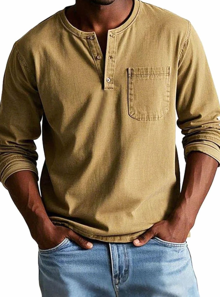 Men's Long Sleeve Henley Shirt Relaxed Fit Chest Pocket - Khaki