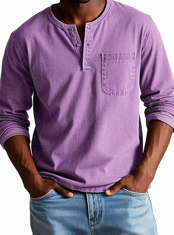 Men's Long Sleeve Henley Shirt Relaxed Fit Chest Pocket - Purple