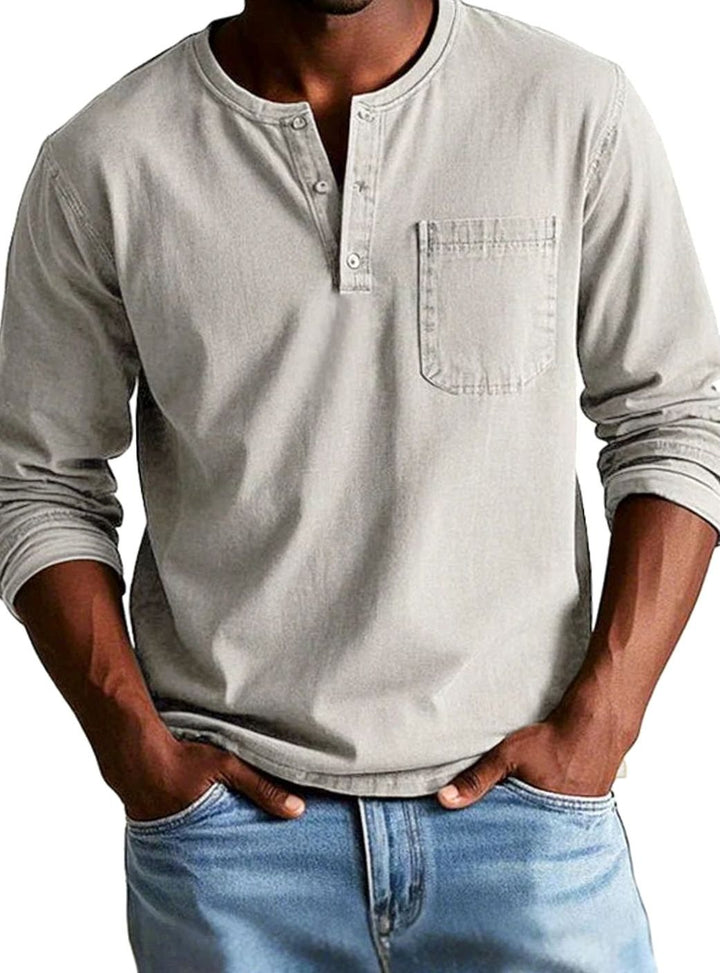 Men's Long Sleeve Henley Shirt Relaxed Fit Chest Pocket - Beige