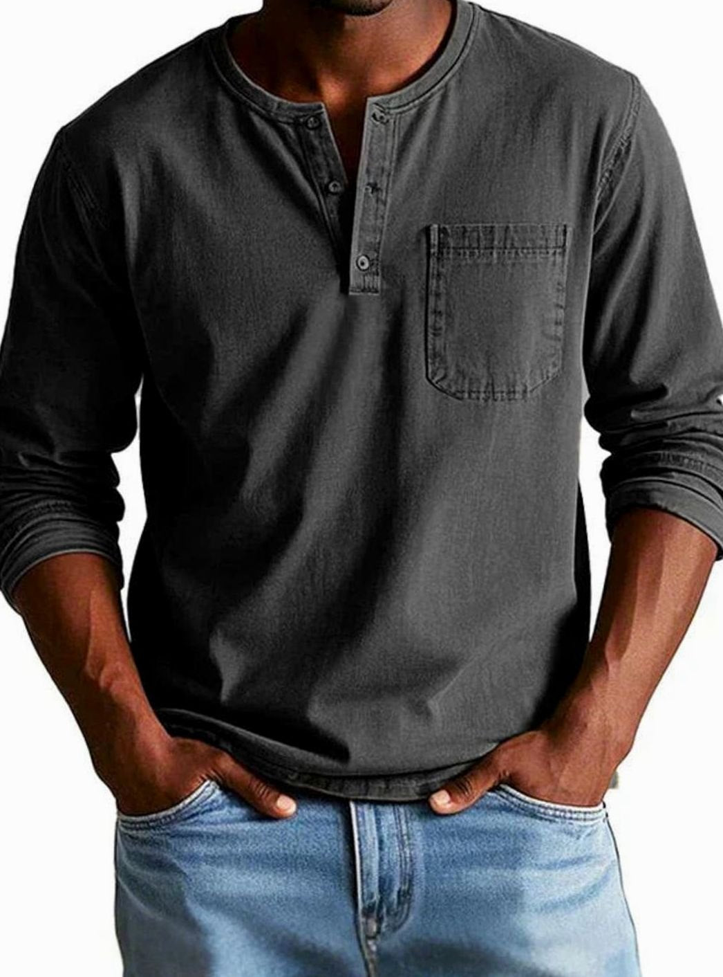 Men's Long Sleeve Henley Shirt Relaxed Fit Chest Pocket - Black