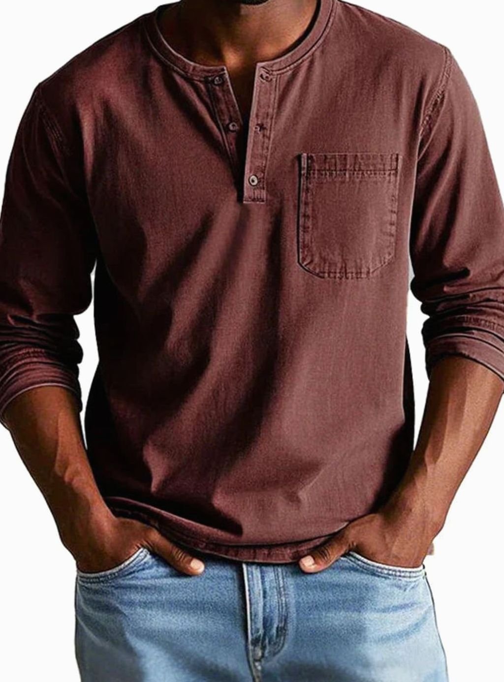 Men's Long Sleeve Henley Shirt Relaxed Fit Chest Pocket - Red