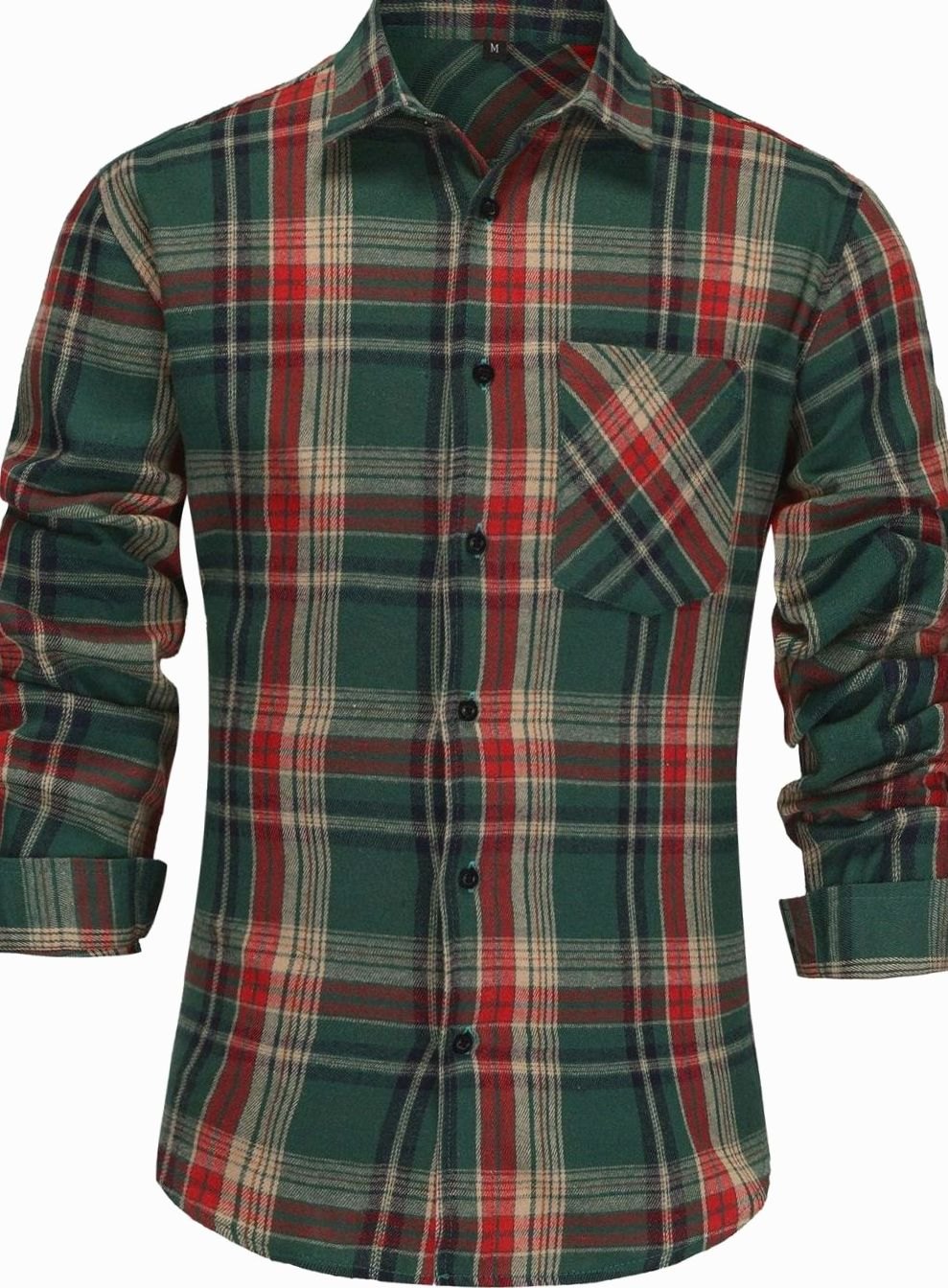 Men's Long-Sleeve Plaid Flannel Button-Up Shirt Chest Pocket - Red Green
