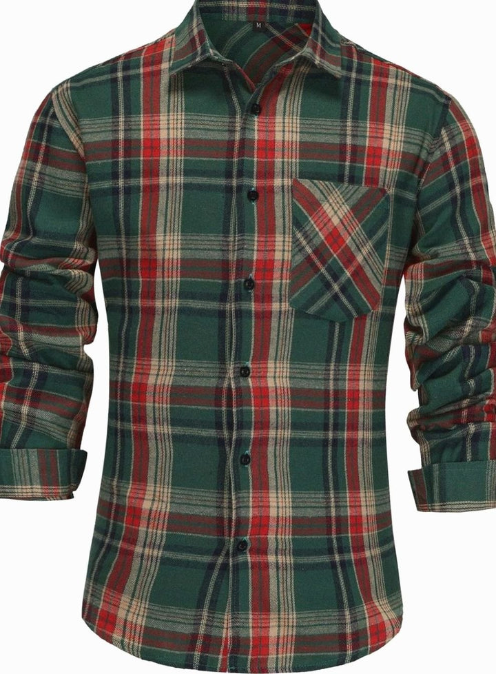 Men's Long-Sleeve Plaid Flannel Button-Up Shirt Chest Pocket - Red Green