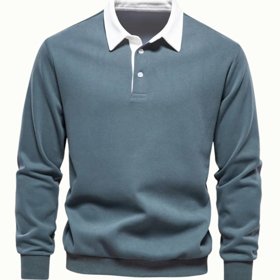 Men's Long Sleeve Polo Style Sweater Contrasting Collar - Green