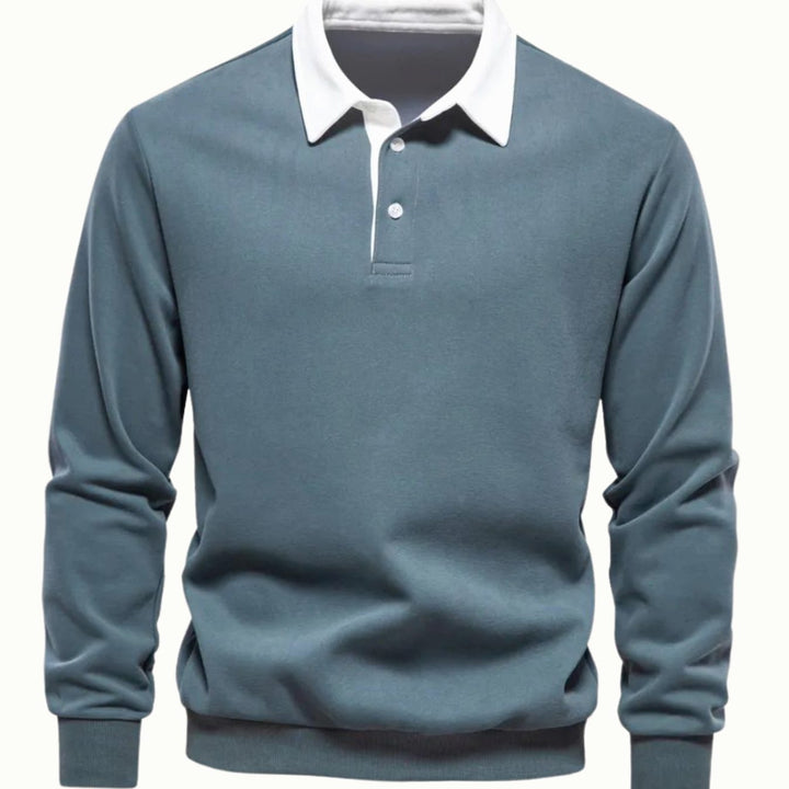 Men's Long Sleeve Polo Style Sweater Contrasting Collar - Green
