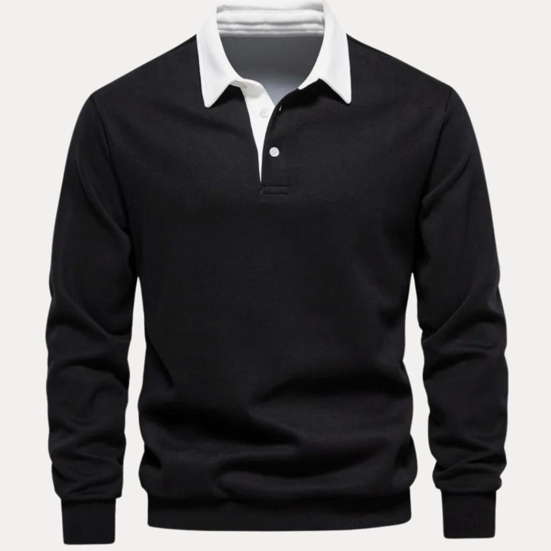 Men's Long Sleeve Polo Style Sweater Contrasting Collar - Black