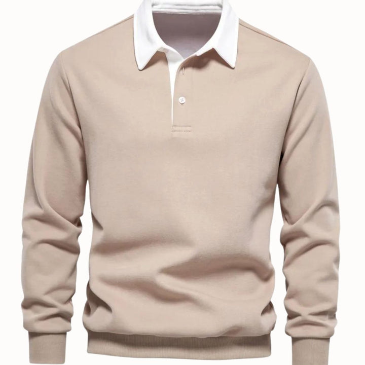 Men's Long Sleeve Polo Style Sweater Contrasting Collar - Khaki