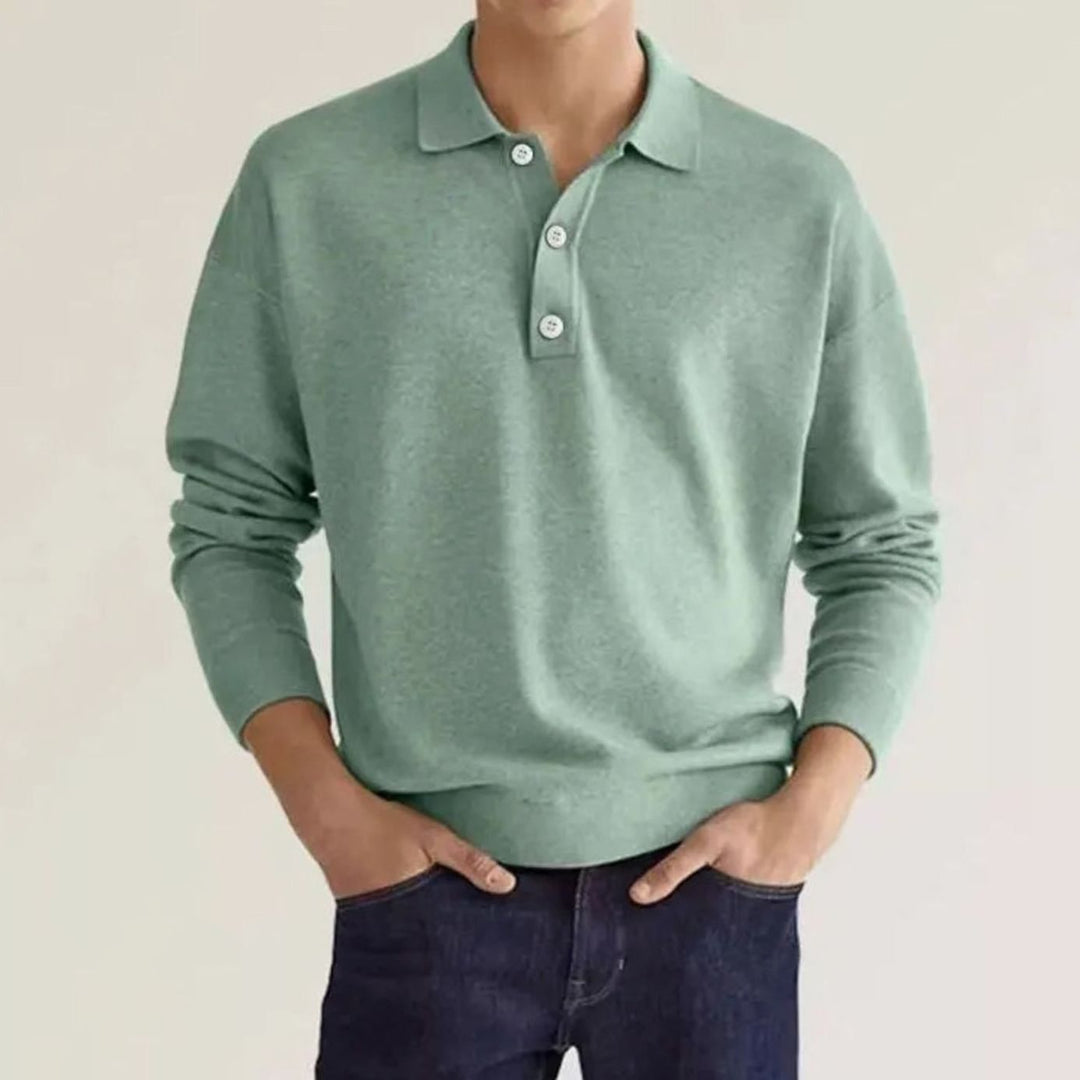 Men's Long Sleeve Relaxed-Fit Knit Polo Shirt - Light Green