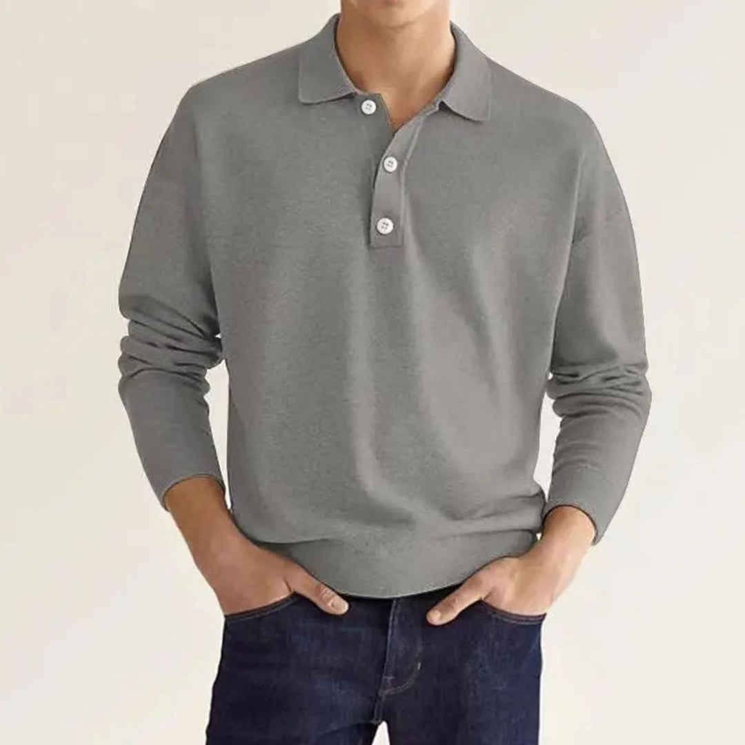 Men's Long Sleeve Relaxed-Fit Knit Polo Shirt - Grey