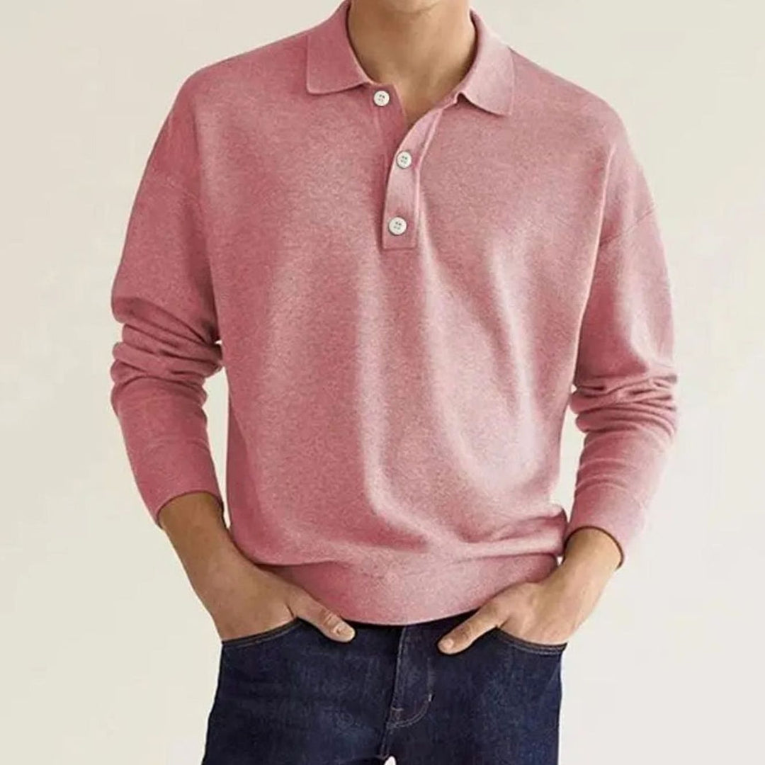 Men's Long Sleeve Relaxed-Fit Knit Polo Shirt - Pink