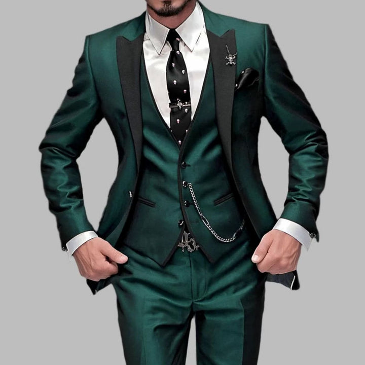 Men's Luxury Three-Piece Contrast-Lapel Wedding Suit Set - Dark Green