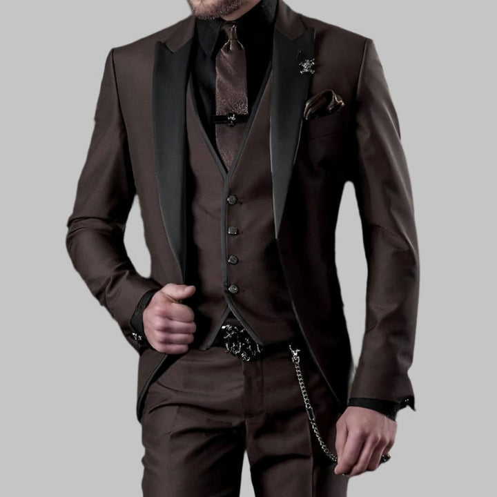 Men's Luxury Three-Piece Contrast-Lapel Wedding Suit Set - Coffee